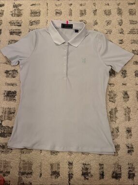 G/Fore Women’s Ice Blue Solid Knit Collared Button Polo Shirt Embroidered Logo